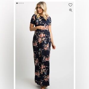 Pink Blush - Navy Blue Rose Print Short Sleeve Maternity Maxi
Dress - XL